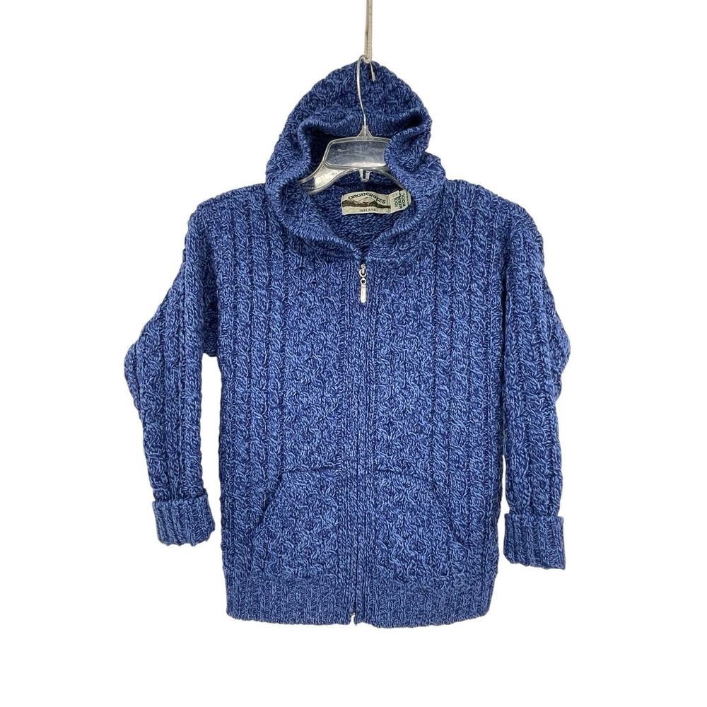 Aran Crafts Hooded Full Zip Cardigan Sweater Merino Wool Blue Kids Size 8-11 Yrs